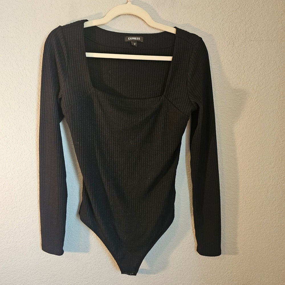Express black ribbed medium bodysuit office‎ quiet luxury casual